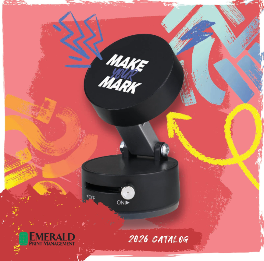 Emerald promotional product catalog featuring items that have a low minimum order quantity